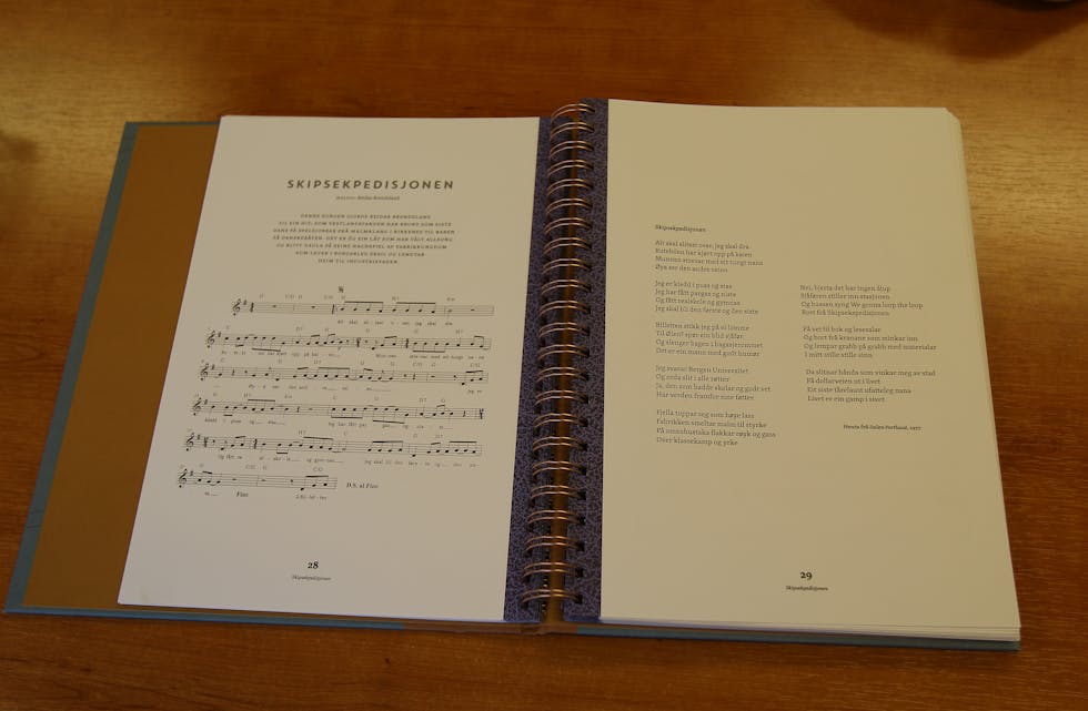 Song- og noteboka ”Sandharpesongar” inneheld 45 dikt av Kjartan Fløgstad, som norske artistar har laga musikkarrangement av. Reidar Brendelands ”Skipsekspedisjonen” er mest kjent. Foto: Frank Waal.