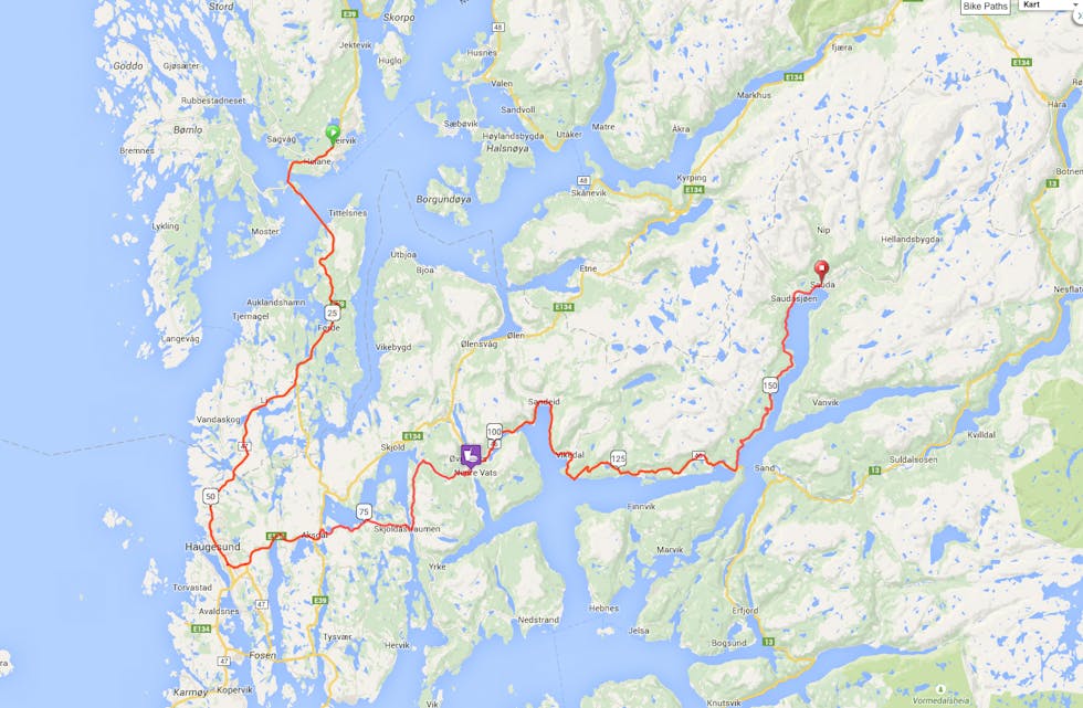 LØYPA: Den tredje etappen under årets Tour des Fjords startar på Stord og endar i Sauda, etter 16,6 mil. (Illustrasjon: Tour des Fjords)