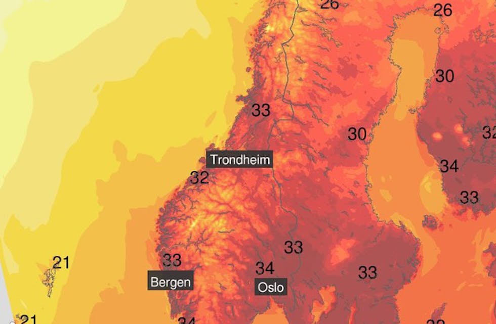 Blir det ny temperaturrekord for Sauda i dag? Illustrasjon: «Vêrvarsel frå Yr levert av Meteorologisk institutt og NRK»