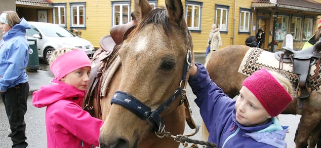 Hesteriding er alltid eit populært tilbod under Bønder i byn. Som vanleg stilte «Take the step riding academy” med både hestar og ivrige hestepassarar. Her er det Mille Dybing (til venstre) og Selma Eikevik Hauge som tar hand om «Cheyenne». – Eg bare elskar hestar, innrømma Selma.