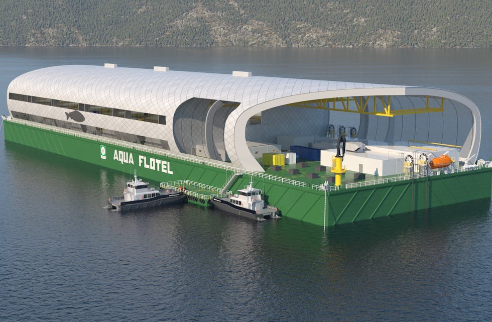 Det nederlandske selskapet Albatros Technology ønsker å plassere ein slik lekter i Saudafjorden for å drive lakseoppdrett. 