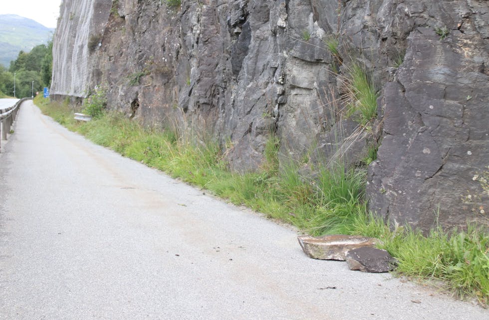Statens vegvesen er på veg for å sjå nærare på fjellsida der desse steinblokkene raste ut tysdag morgon.