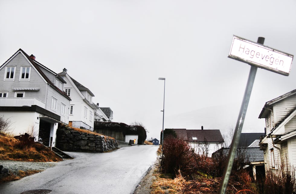 Eigaren av det kvite bustadhuset (i midten) ville helst hatt garasjen heilt inntil den kommunale vegen forbi eigedommen. Nå er det avgjort at det må vera éin meter frå garasjen til asfaltkanten.