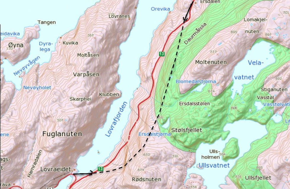 Dette vegstrekket mellom Lovraeidet og Rødsliane i Suldal får tunnel og ny vegtrasé. Dette gir også tryggare veg for dei som pendlar mellom Sauda og Suldal. 