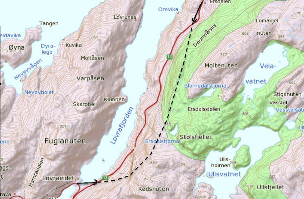 Dette vegstrekket mellom Lovraeidet og Rødsliane i Suldal får tunnel og ny vegtrasé. Dette gir også tryggare veg for dei som pendlar mellom Sauda og Suldal. 