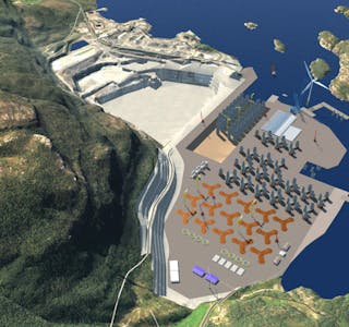 Slik kan anlegget for produksjon av havvindmøller bli sjåande ut, ved Norsk Stein sitt anlegg på Berakvam. 