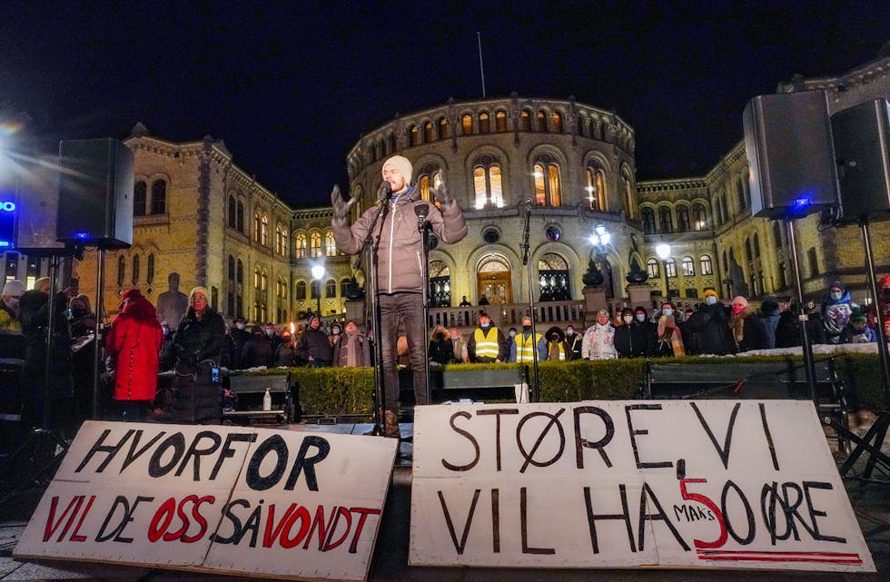 Under straumprisdemonstrasjonen framfor Stortinget 20. januar heldt blant andre Bjørnar Moxnes (Rødt) appell. 