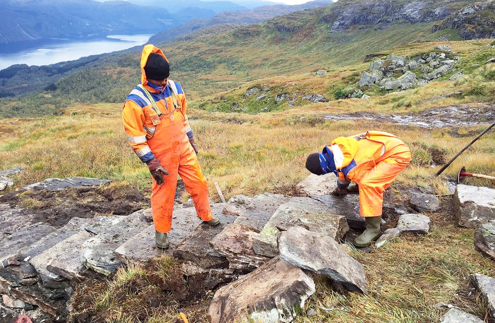 Stien mot Hovlandsnuten ber preg av stor trafikk. Nå ønsker Laget for Hovlandsnutens utvikling å få på plass fleire sherpatrapper i fjellsida, slik som i 2014 då dette bildet blei tatt. 