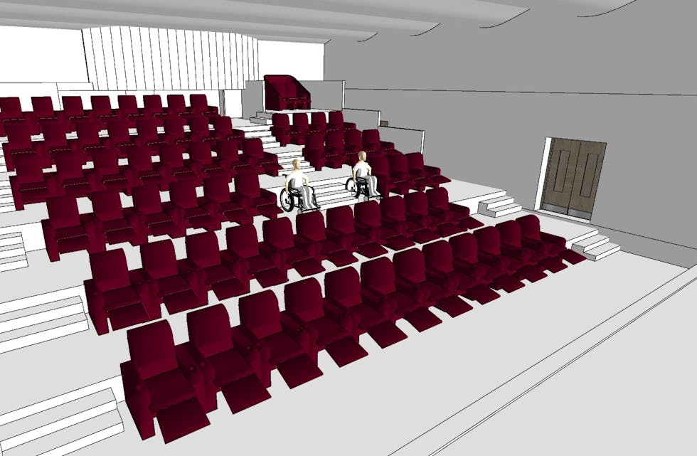 Slik er dei oppdaterte planane for ny kinosal i rådhuset. Målet er at kinoen blir opna i løpet av november i år. Grafikk: Mads Albertsen/Sauda kommune.