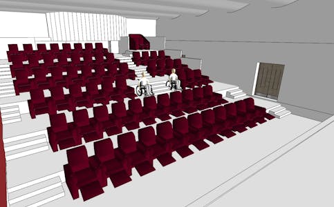 Slik er dei oppdaterte planane for ny kinosal i rådhuset. Målet er at kinoen blir opna i løpet av november i år. Grafikk: Mads Albertsen/Sauda kommune.