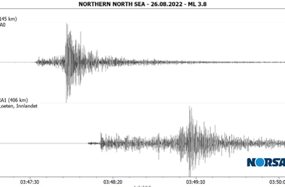Norsar sine målingar av jordskjelvet i natt, ved to forskjellige målestasjonar med ulik avstand til jordskjelvet.