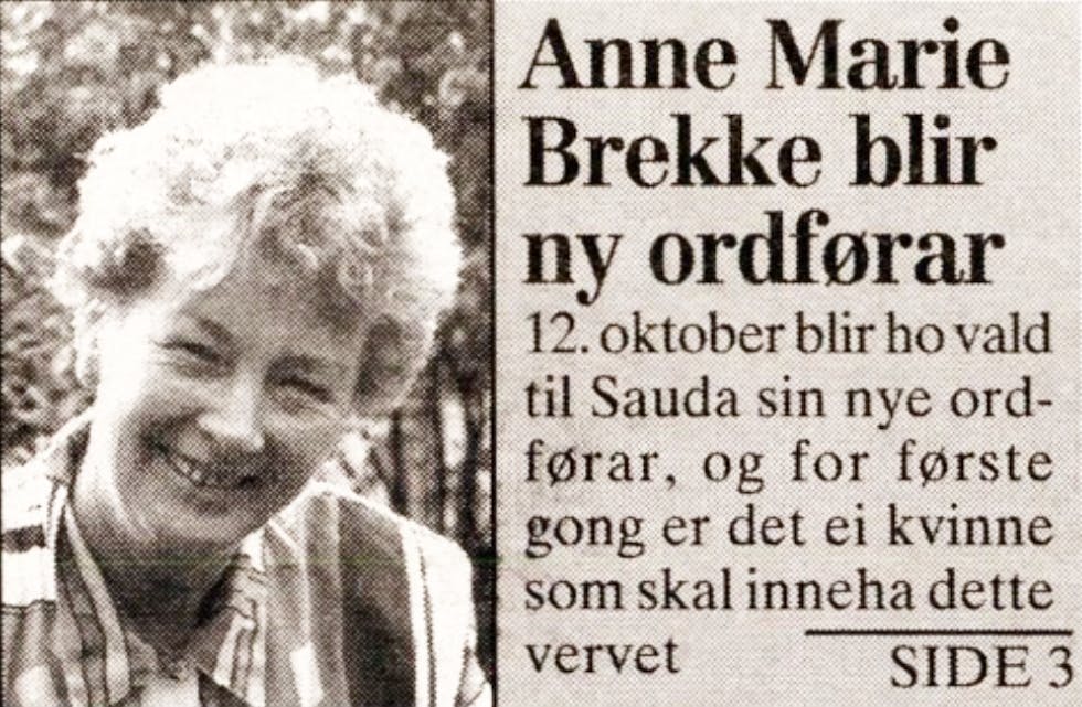 Sauda første kvinnelege ordførar, Anne Marie Brekke. 