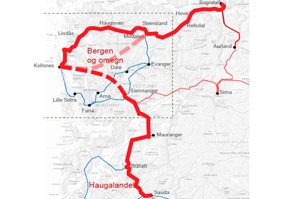 Statnett vil styrka straumnettet mellom Sogndal og Sauda, via Kollsnes. Raude linjer = 420 kV, blå 300 kV. 