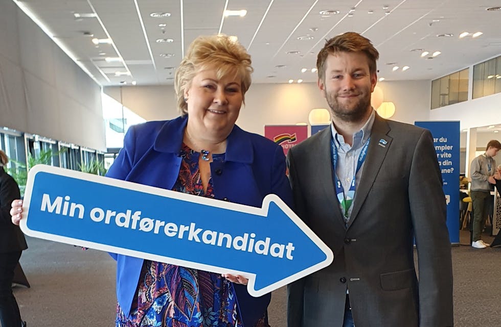 Høgre sin ordførarkandidat, Paul Løyning, saman med partileiar Erna Solberg.