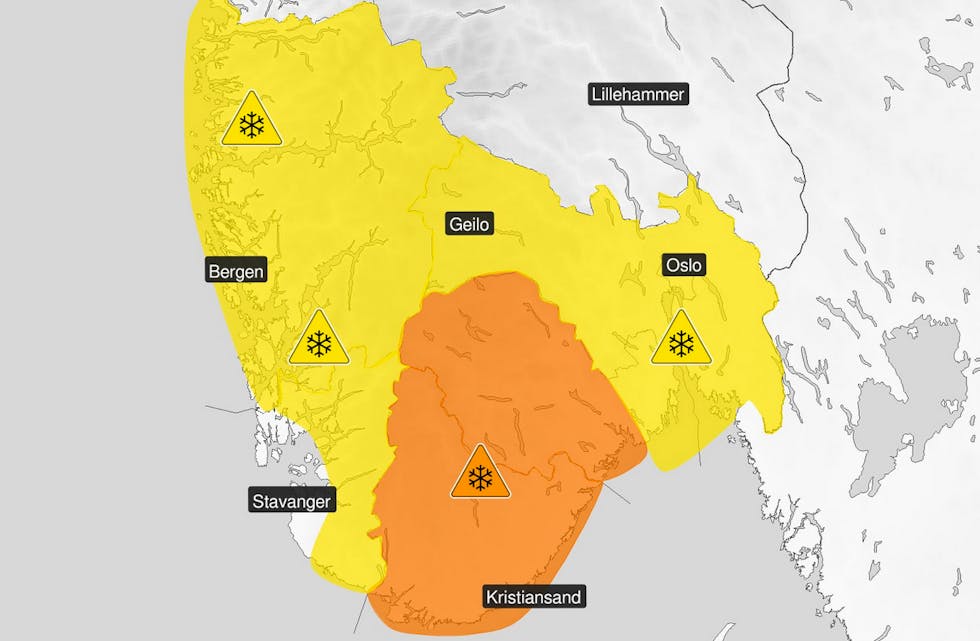 Det kjem meir snø, og yr.no har sendt ut gult farevarsel for Sauda. Illustrasjon: Meteorologane på Twitter.