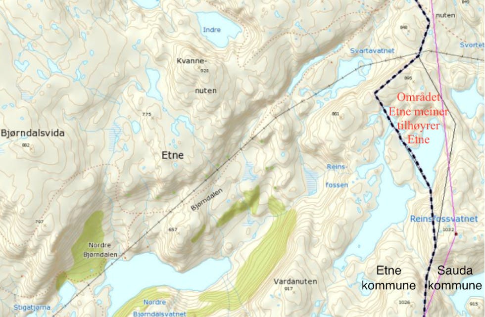 Dagens kommunegrense mellom Etne og Sauda går til venstre for Reinsfossvatnet. Etne kommune meiner grensa skal gå til høgre for vatnet.