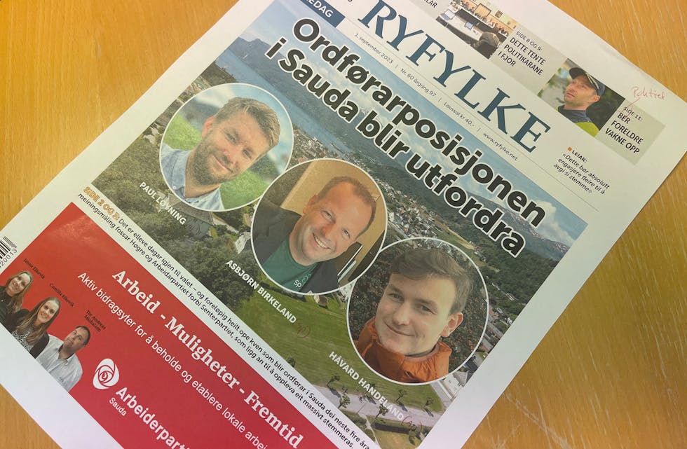 Framsida på Ryfylke i dag, Fredag 1. september. 