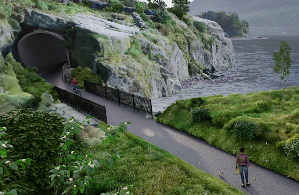 Ein sjøpromenade i form av gang- og sykkelveg mellom båthamna og Si-Glass-området er under planlegging. Grafikken viser ikkje detaljert korleis utforminga blir, viss prosjektet blir vedtatt.