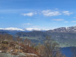Utsikt mot Hovlandsnuten i det fjerne, frå sørsida av Hylsfjorden 4. mai.