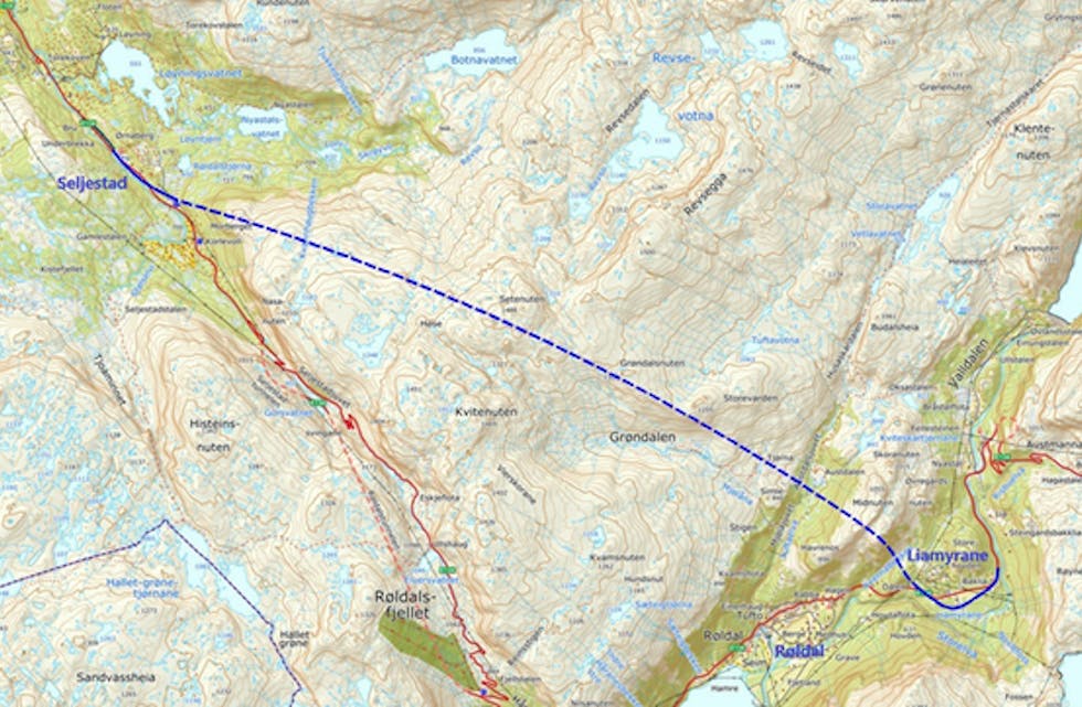 Kartet viser kor nye E 134 mellom Røldal og Seljestad skal gå.