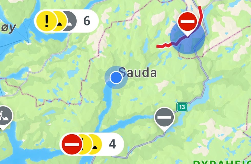 Fylkesvegane til og frå Sauda er stengt måndag morgon.