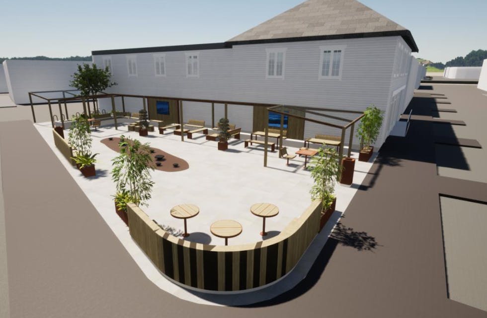 Dette er arbeidsskisser på korleis ein samlingsplass på bakeritomta i Sauda sentrum kan bli. Foreløpig er ingenting vedtatt.