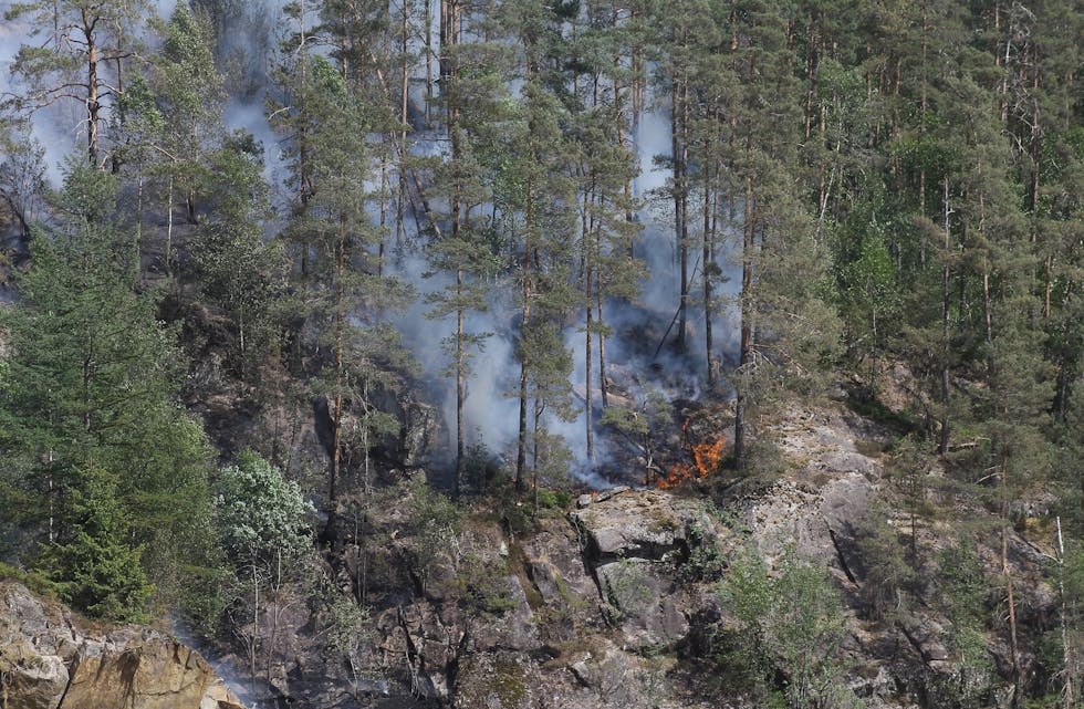 Mai har så langt vore ein varm og tørr månad. Det betyr auka skogbrannfare. Arkivfoto frå skogbrann i Sauda i 2018.