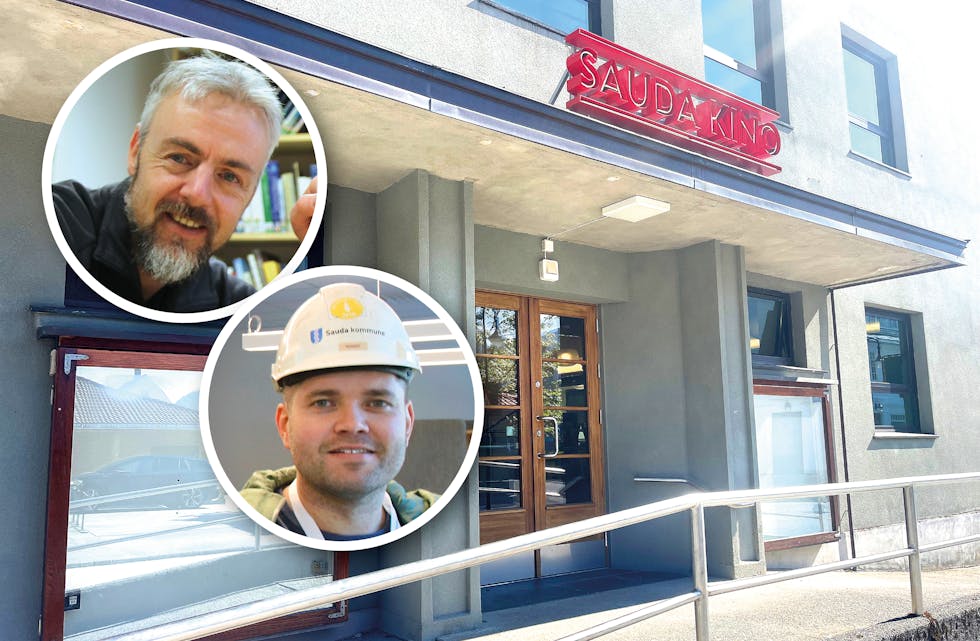Kinosjef Sveinung Helgesen (innfelt øverst) og Kommunalsjef Roger Birkeland (innfelt nederst) forklarar noko av grunnane til at det førebels ikkje er noko profilering av kinotilbodet ut mot gata på kinoen.